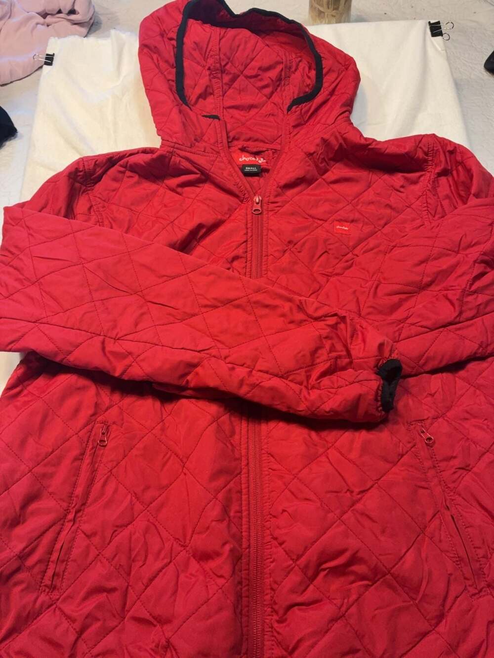 Chocolate Skateboards Red Quilted Hooded Jacket Size Small